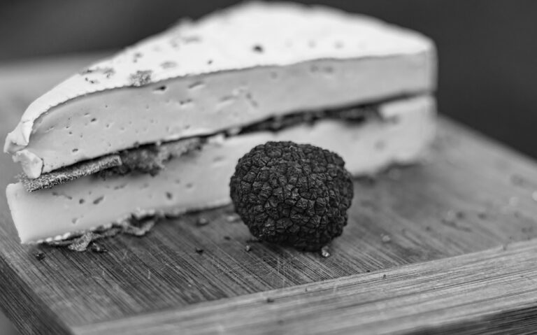 Tavola imbandita con piatti a base di tartufo in una sagra gastronomica.